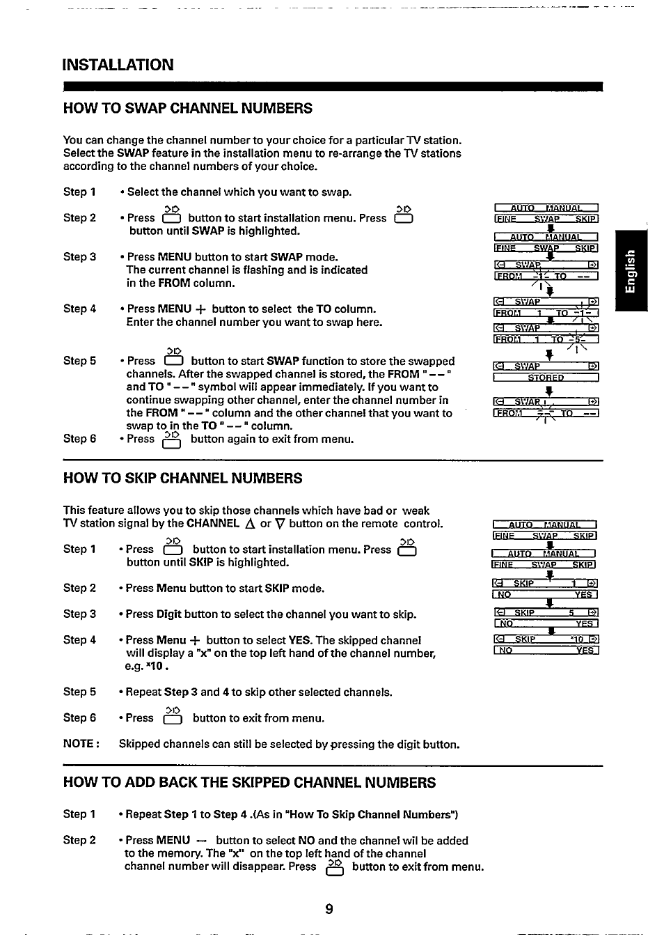 How to swap channel numbers, How to skip channel numbers, How to add back the skipped channel numbers | Installation | Philips 14GX8510 User Manual | Page 9 / 12