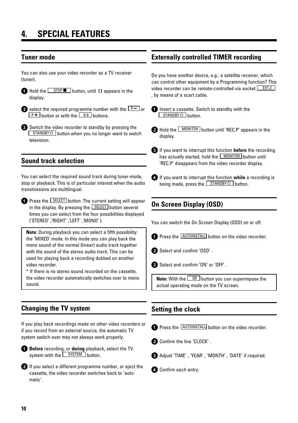 Special features, Tuner mode, Sound track selection | Changing the tv system, Externally controlled timer recording, On screen display (osd), Setting the clock | Philips VR675CG User Manual | Page 12 / 14