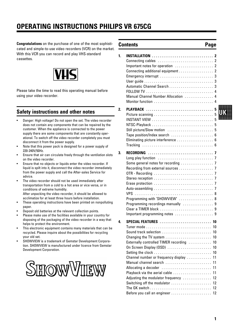 Operating instructions philips vr 675cg, Contents page | Philips VR675CG User Manual | Page 3 / 14