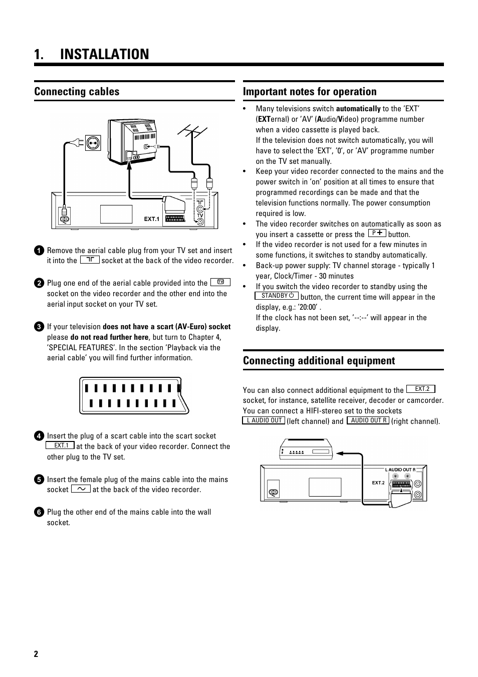 Installation, Connecting cables, Connecting additional equipment | Philips VR675CG User Manual | Page 4 / 14