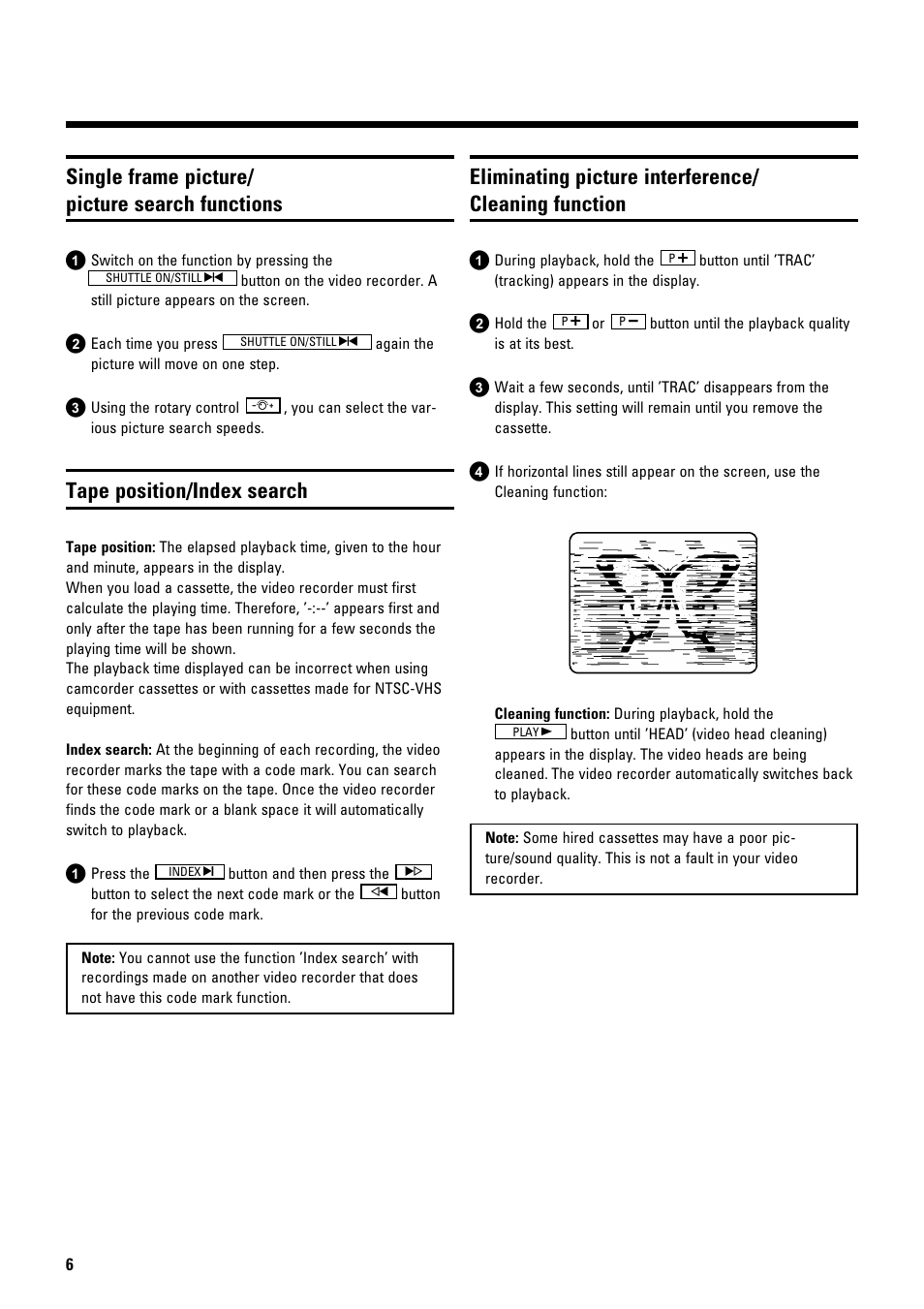 Single frame picture/ picture search functions, Tape position/index search | Philips VR675CG User Manual | Page 8 / 14
