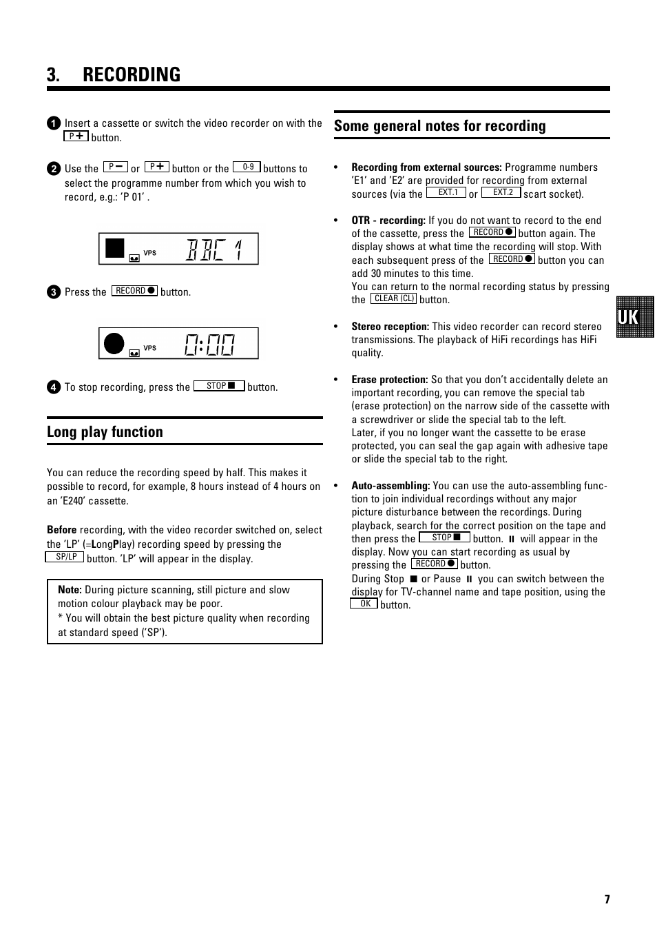 Bbc1, Recording, Long play function | Philips VR675CG User Manual | Page 9 / 14