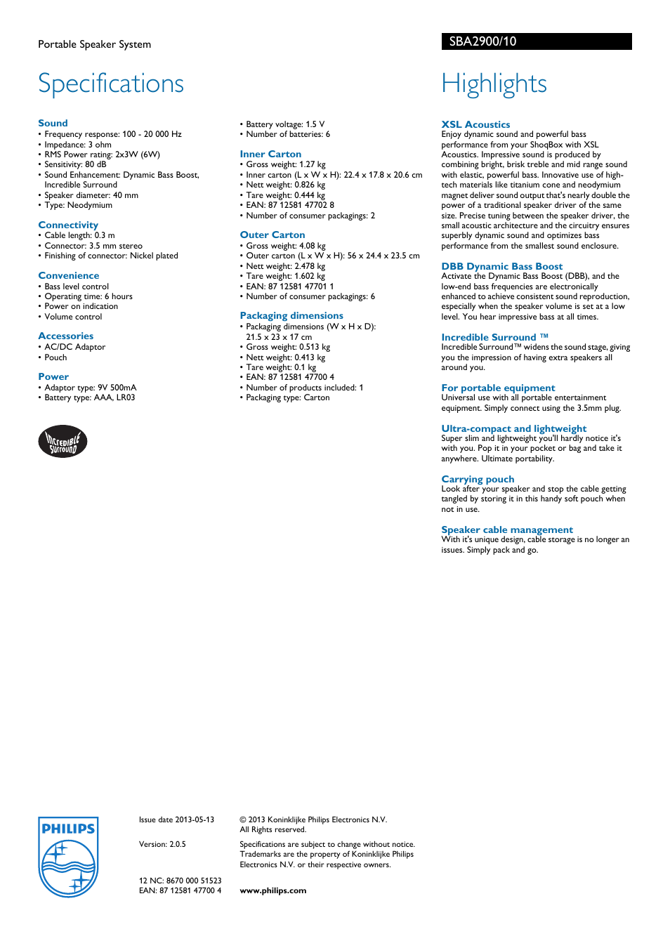 Specifications, Highlights, Specifications highlights | Philips | Philips SBA2900 User Manual | Page 2 / 2