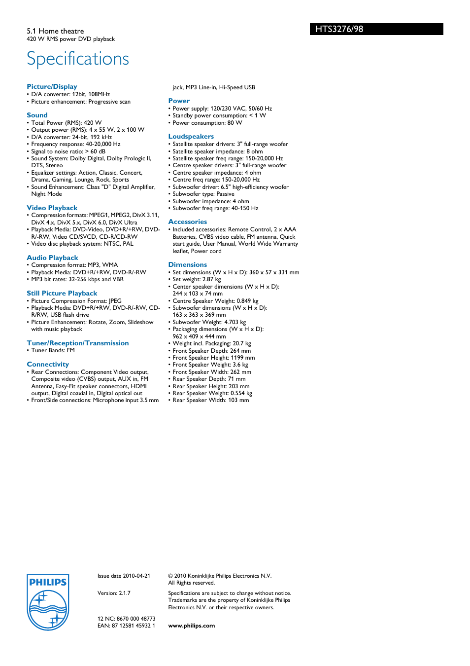 Specifications | Philips HTS3276/98 User Manual | Page 3 / 3