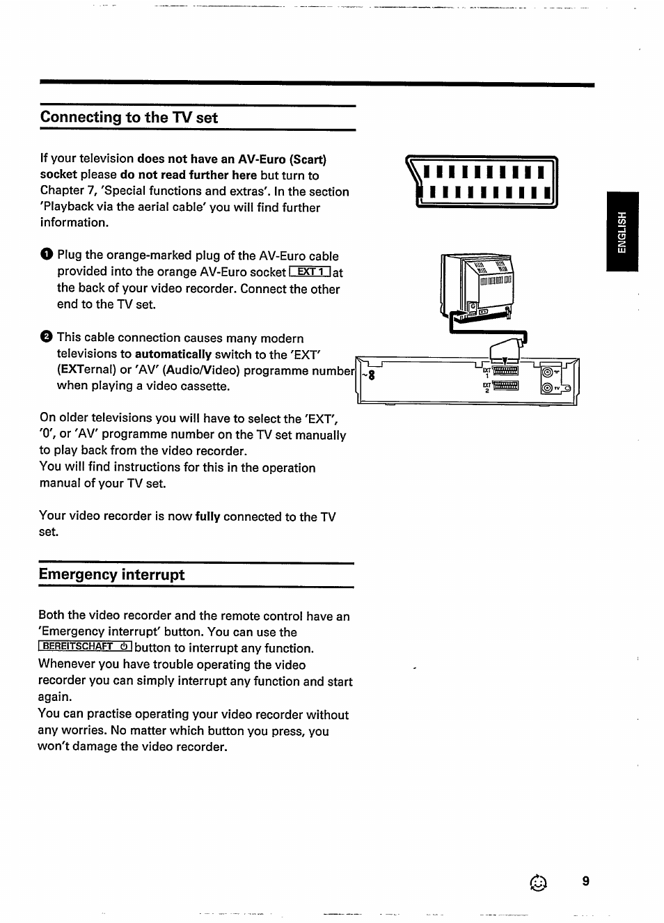 Connecting to the tv set, Emergency interrupt, 1 m ■ i i | Philips VR237 User Manual | Page 11 / 50