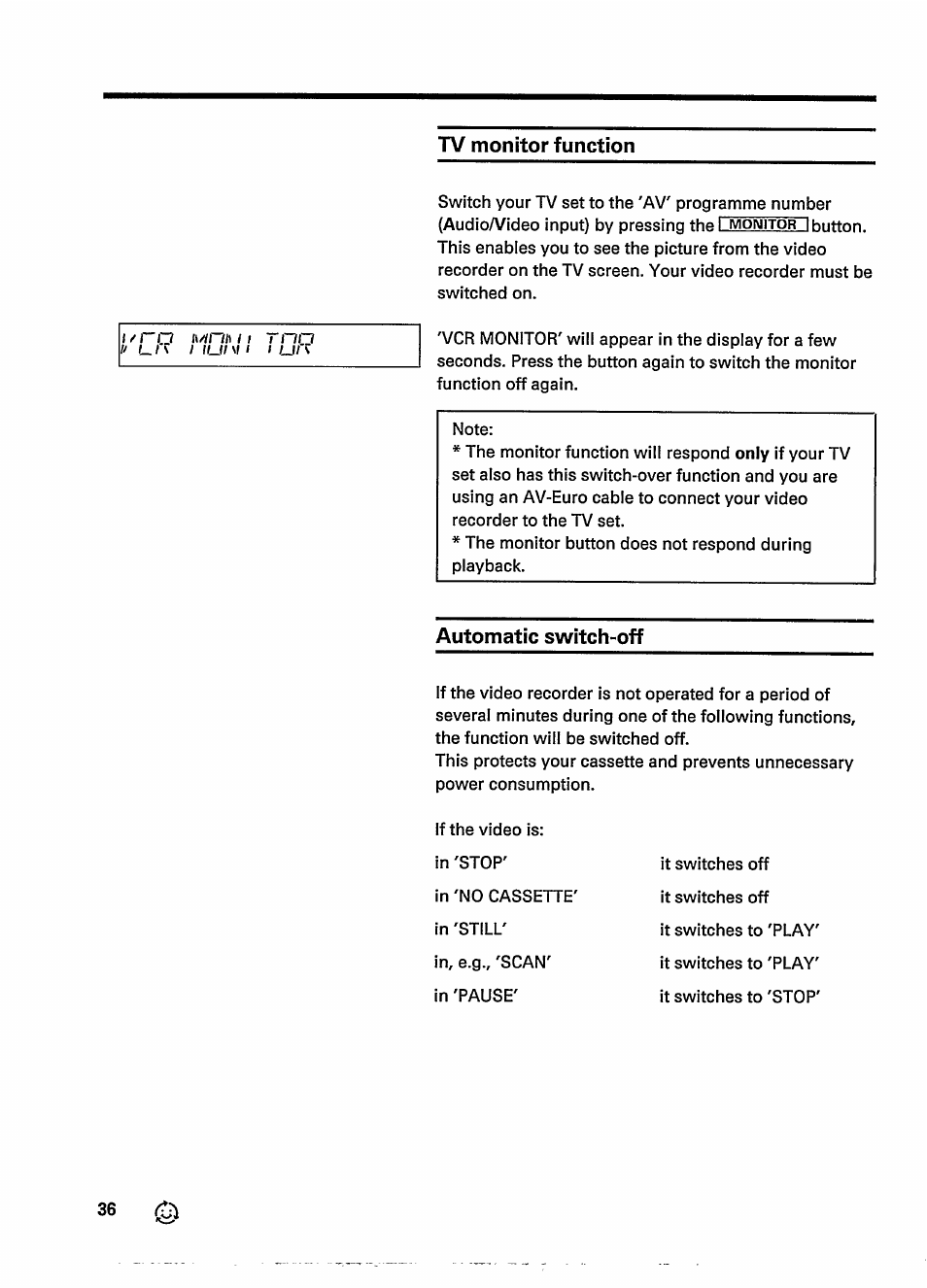 Tv monitor function, Automatic switch-off, Tv monitor function l^ro | I lui | Philips VR237 User Manual | Page 38 / 50