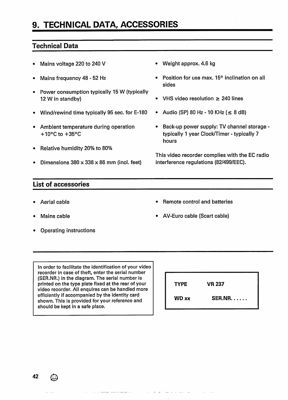 Technical data, accessories, Technical data, List of accessories | Philips VR237 User Manual | Page 44 / 50