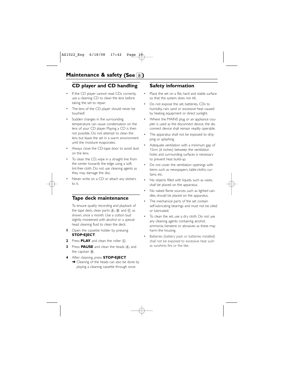 Maintenance & safety (see 8 ), Cd player and cd handling, Tape deck maintenance | Safety information | Philips AZ1022 User Manual | Page 10 / 15