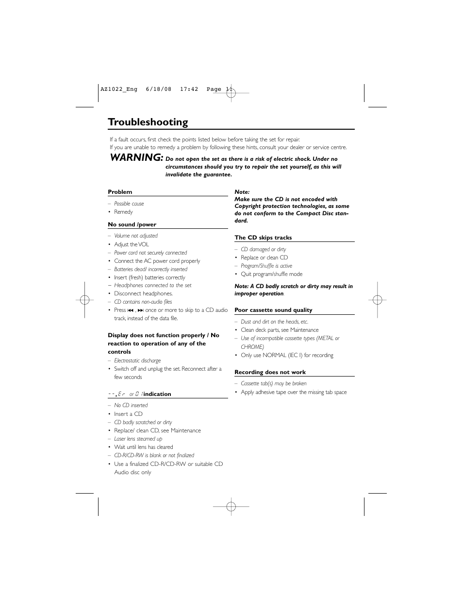 Troubleshooting, Warning | Philips AZ1022 User Manual | Page 11 / 15