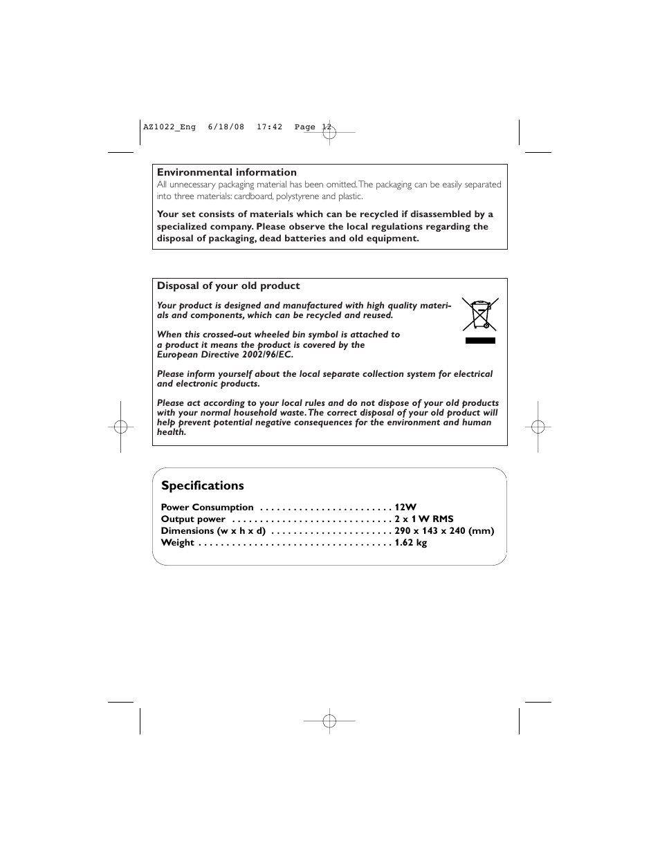 Specifications | Philips AZ1022 User Manual | Page 12 / 15