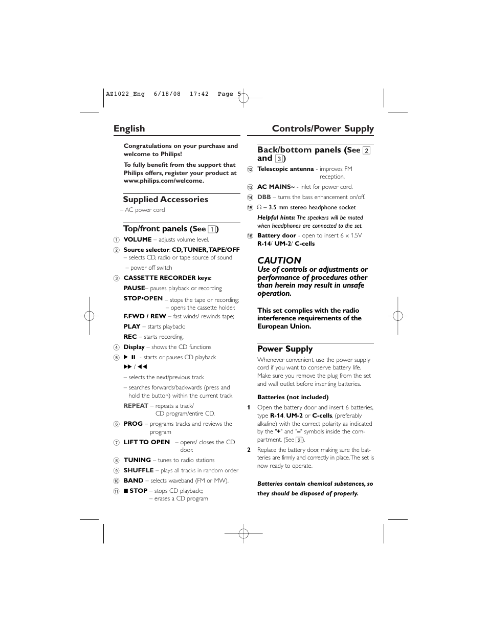 English controls/power supply, Caution, Supplied accessories | Top/front panels, Back/bottom panels, Power supply | Philips AZ1022 User Manual | Page 5 / 15