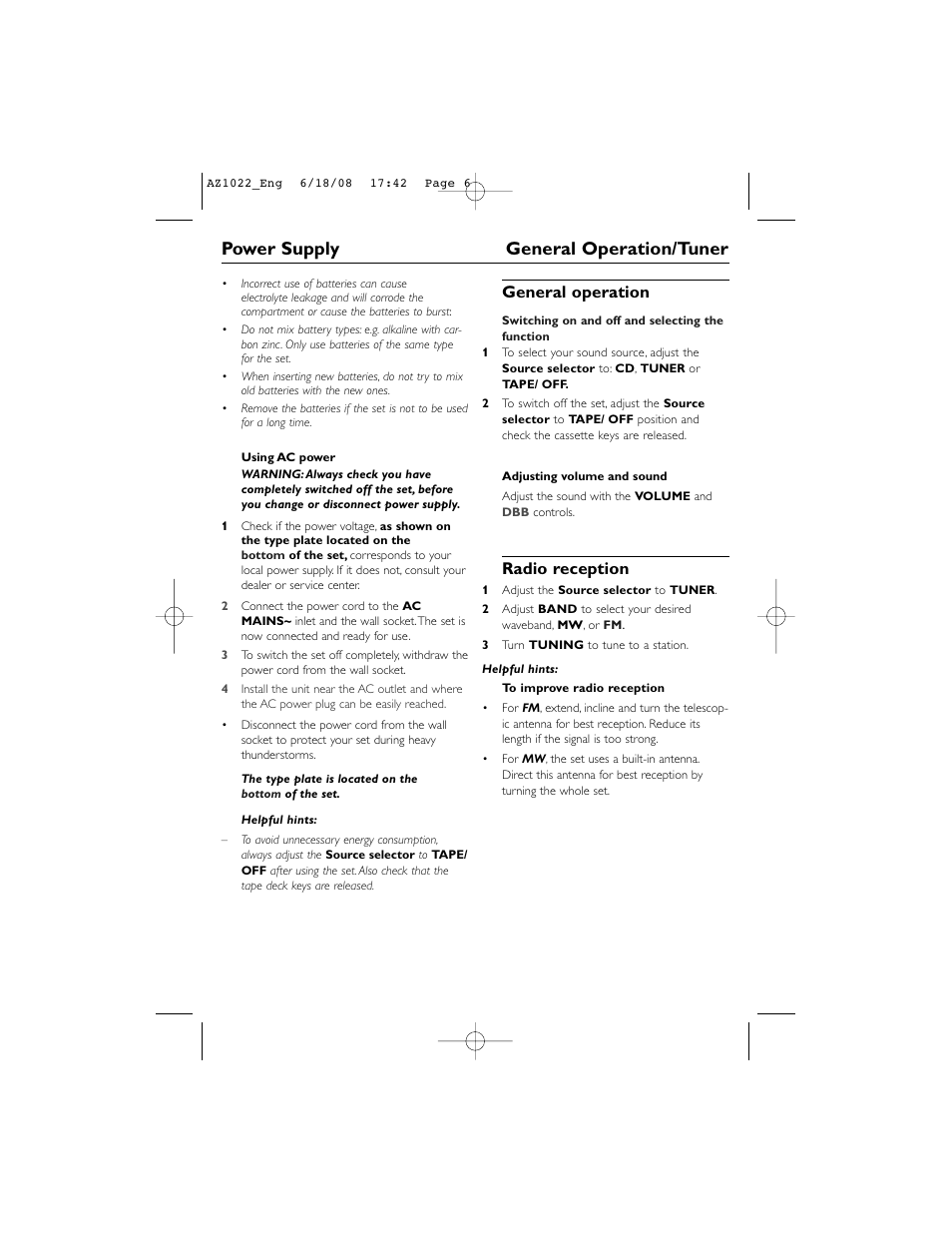 Power supply general operation/tuner, General operation, Radio reception | Philips AZ1022 User Manual | Page 6 / 15