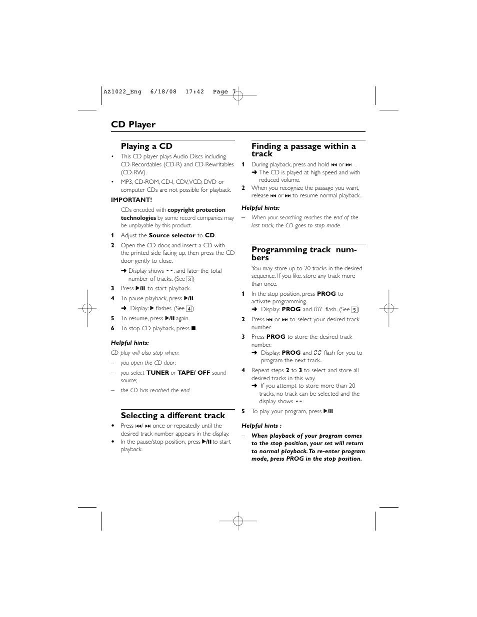 Cd player, Playing a cd, Selecting a different track | Finding a passage within a track, Programming track num- bers | Philips AZ1022 User Manual | Page 7 / 15