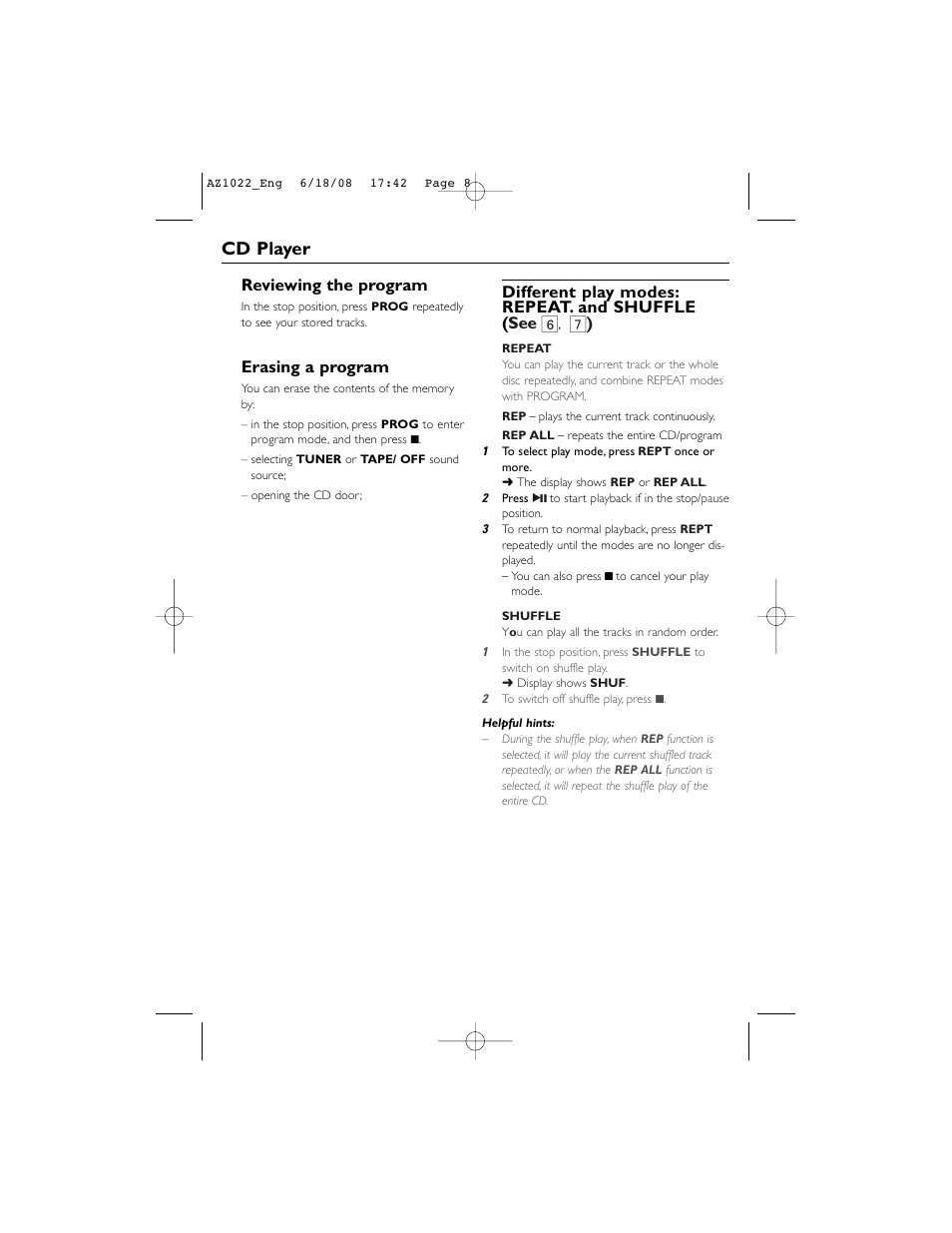 Cd player, Reviewing the program, Erasing a program | Different play modes: repeat. and shuffle ( see 6 | Philips AZ1022 User Manual | Page 8 / 15