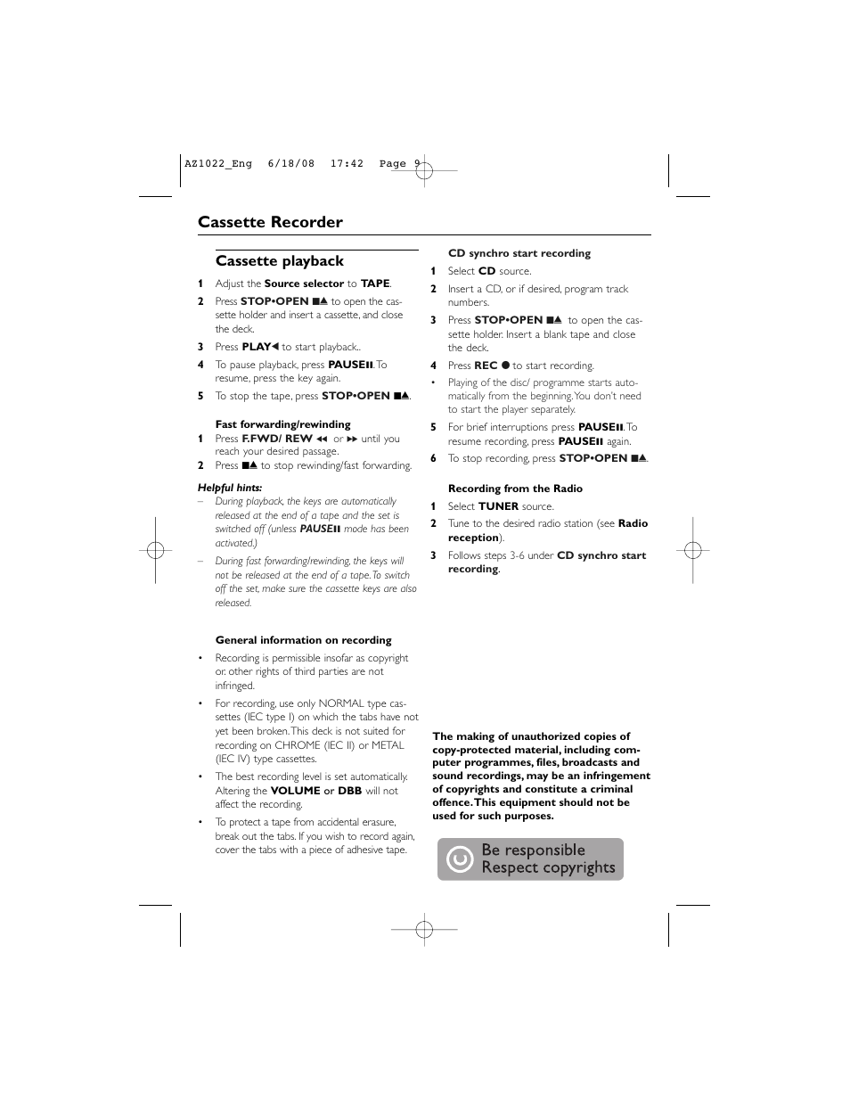 Cassette recorder, Cassette playback | Philips AZ1022 User Manual | Page 9 / 15