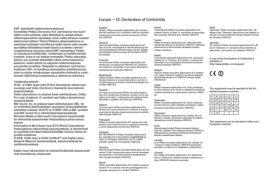 Europe — ec declaration of conformity | Philips FI KYTTOPAS 52PFL9704H User Manual | Page 258 / 262