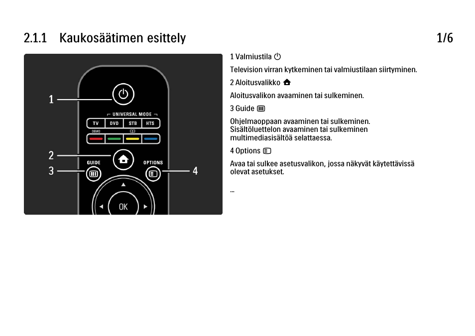 2 television käyttäminen, 1 kaukosäädin, 1 yleiskuvaus | 1 kaukosäätimen esittely 1/6 | Philips FI KYTTOPAS 52PFL9704H User Manual | Page 38 / 262
