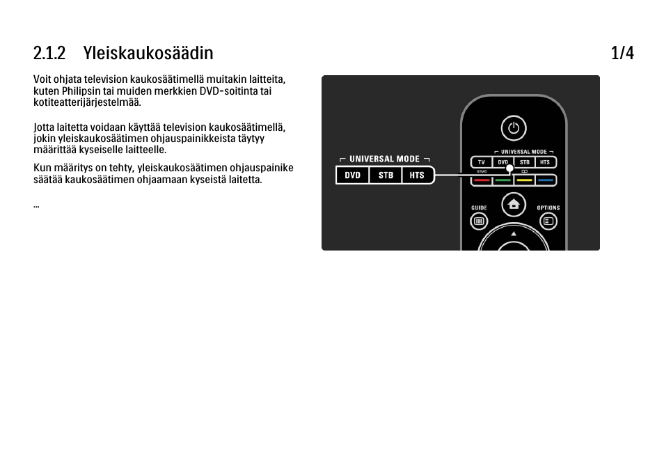 2 yleiskaukosäätimen määrittäminen, 2 yleiskaukosäädin 1/4 | Philips FI KYTTOPAS 52PFL9704H User Manual | Page 44 / 262