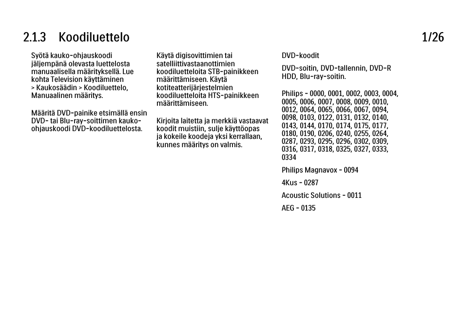 3 koodiluettelo, 3 koodiluettelo 1/26 | Philips FI KYTTOPAS 52PFL9704H User Manual | Page 48 / 262