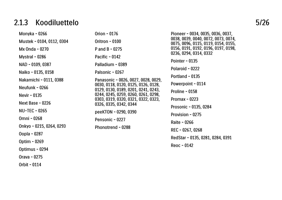 3 koodiluettelo 5/26 | Philips FI KYTTOPAS 52PFL9704H User Manual | Page 52 / 262