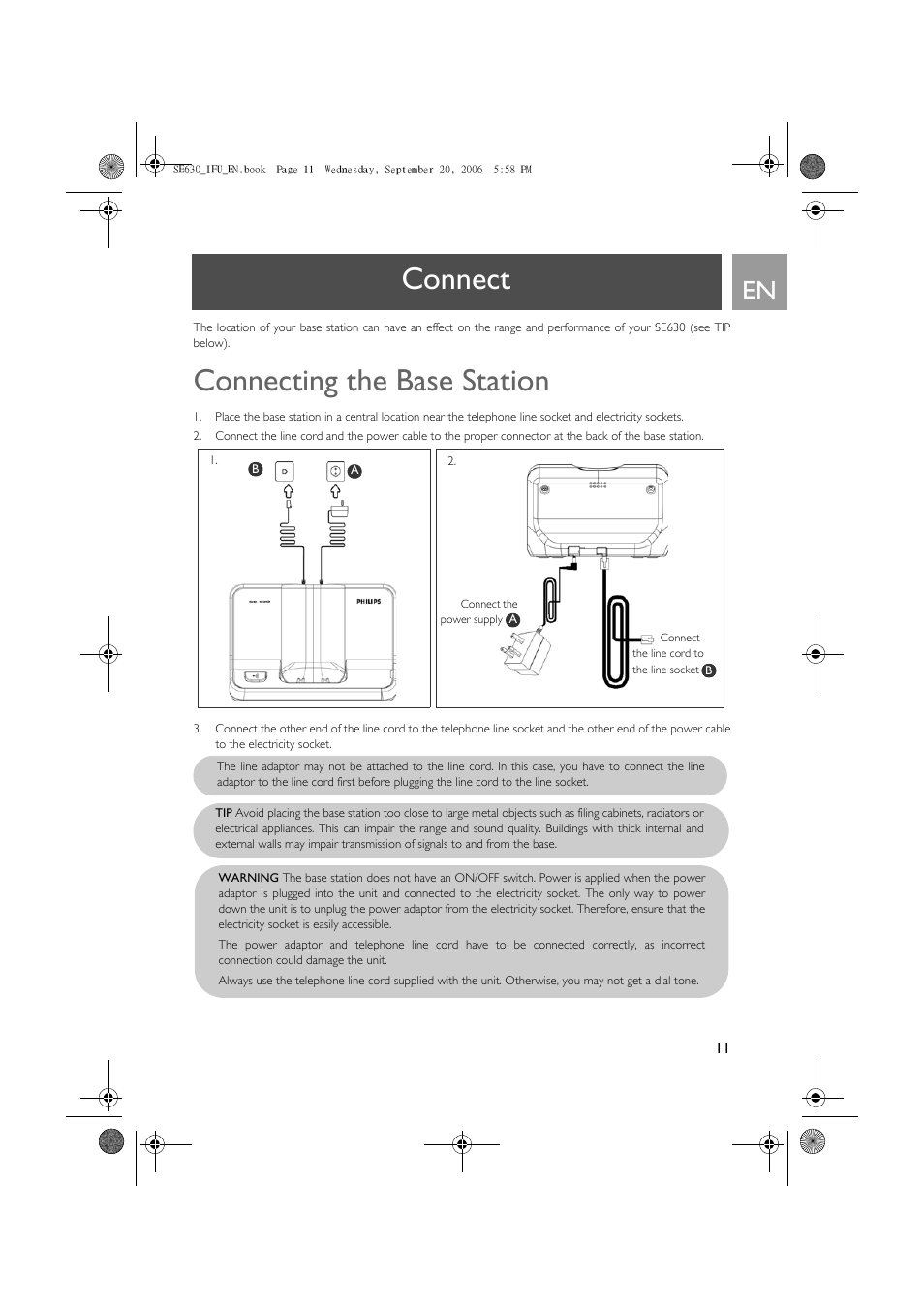 Connect, Connecting the base station | Philips SE630 User Manual | Page 11 / 55