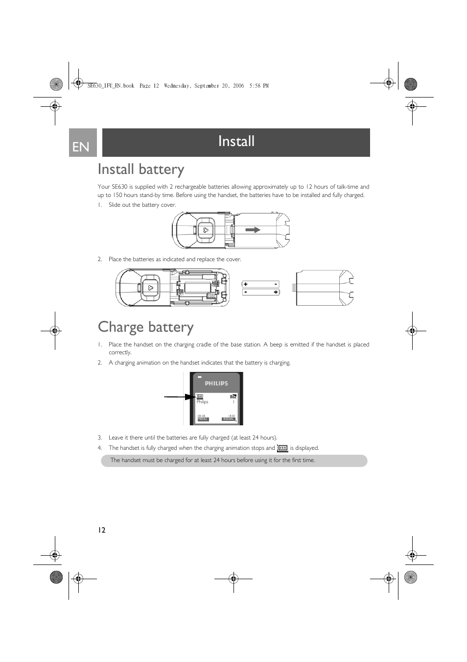 Install, Install battery, Charge battery | Install install battery | Philips SE630 User Manual | Page 12 / 55