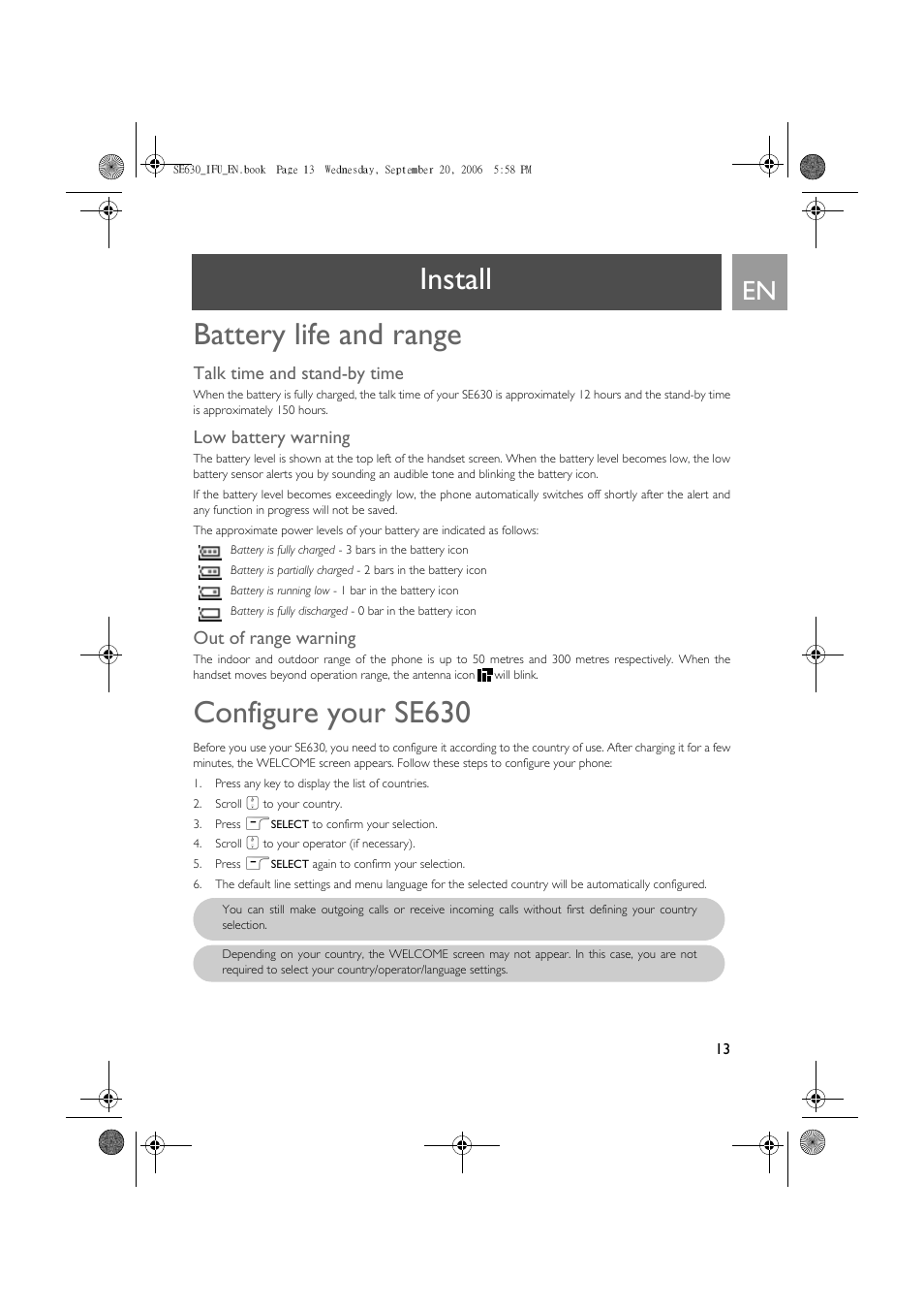 Battery life and range, Talk time and stand-by time, Low battery warning | Out of range warning, Configure your se630, Install battery life and range | Philips SE630 User Manual | Page 13 / 55