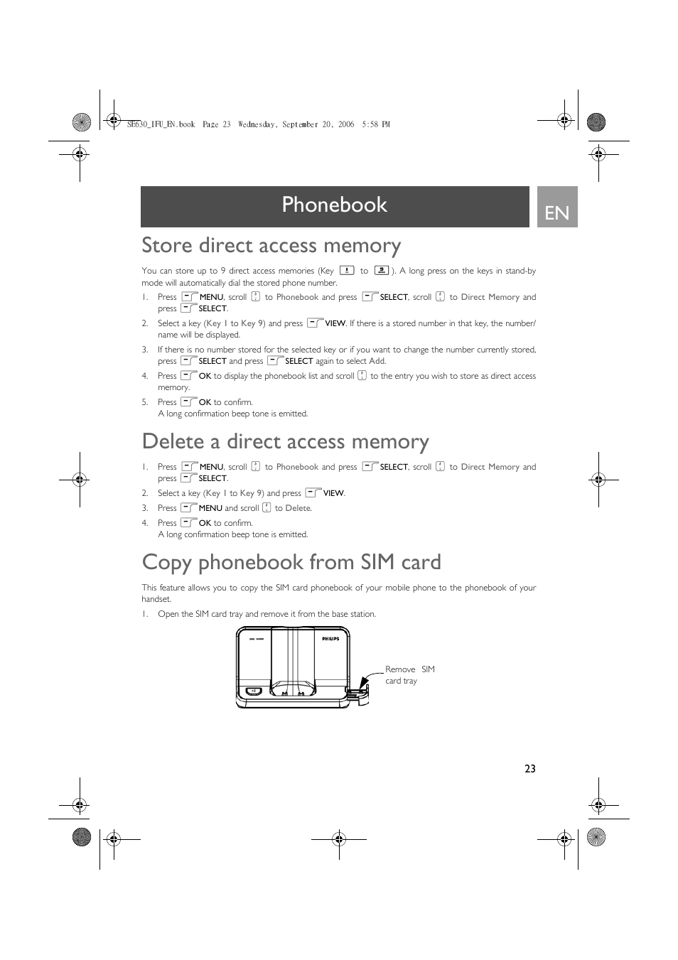 Store direct access memory, Delete a direct access memory, Copy phonebook from sim card | Philips SE630 User Manual | Page 23 / 55