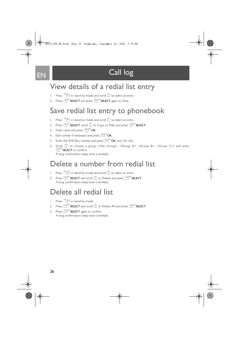 View details of a redial list entry, Save redial list entry to phonebook, Delete a number from redial list | Delete all redial list, Call log view details of a redial list entry | Philips SE630 User Manual | Page 26 / 55