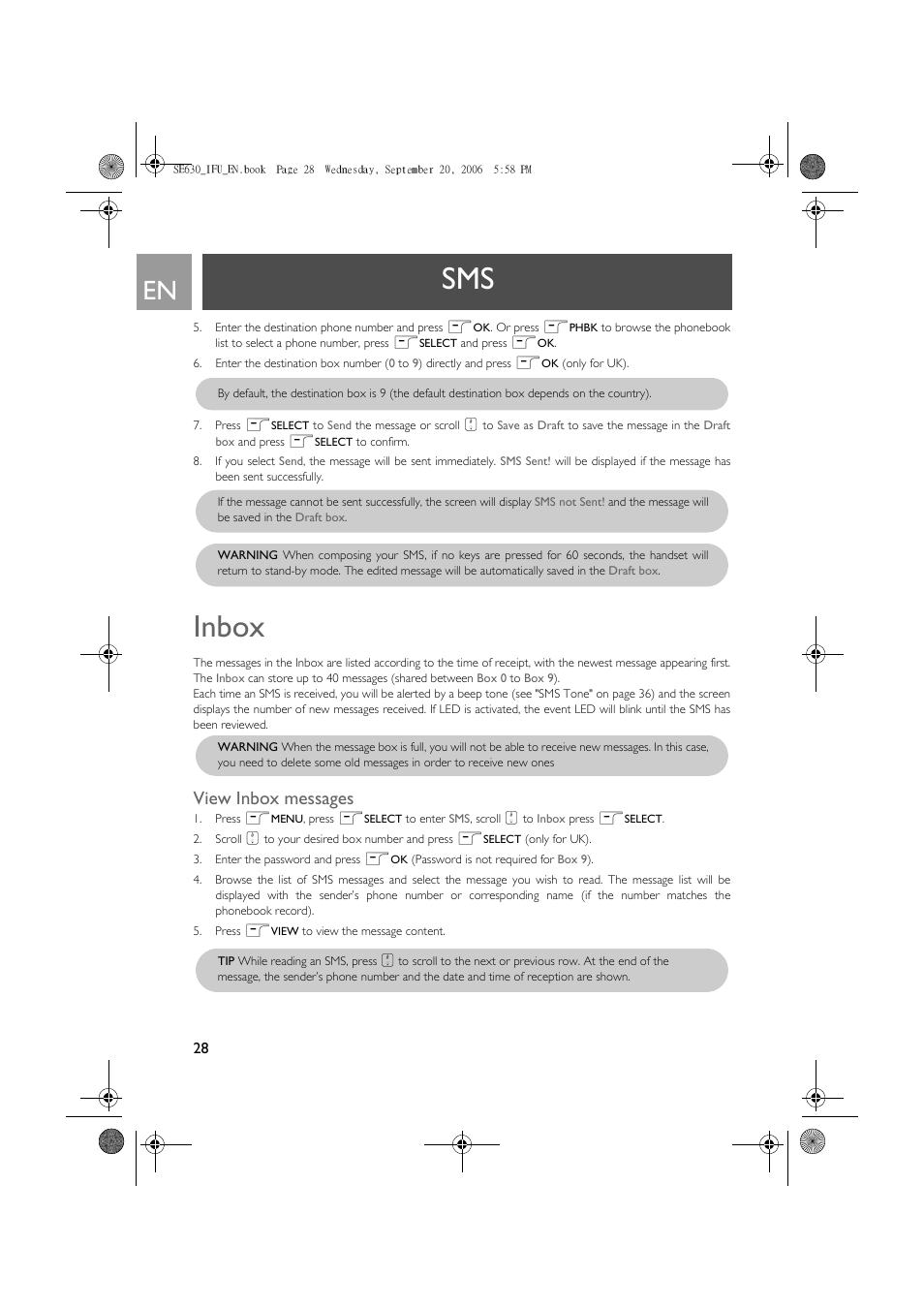 Inbox, View inbox messages | Philips SE630 User Manual | Page 28 / 55