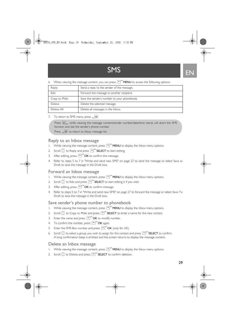 Reply to an inbox message, Forward an inbox message, Save sender’s phone number to phonebook | Delete an inbox message | Philips SE630 User Manual | Page 29 / 55