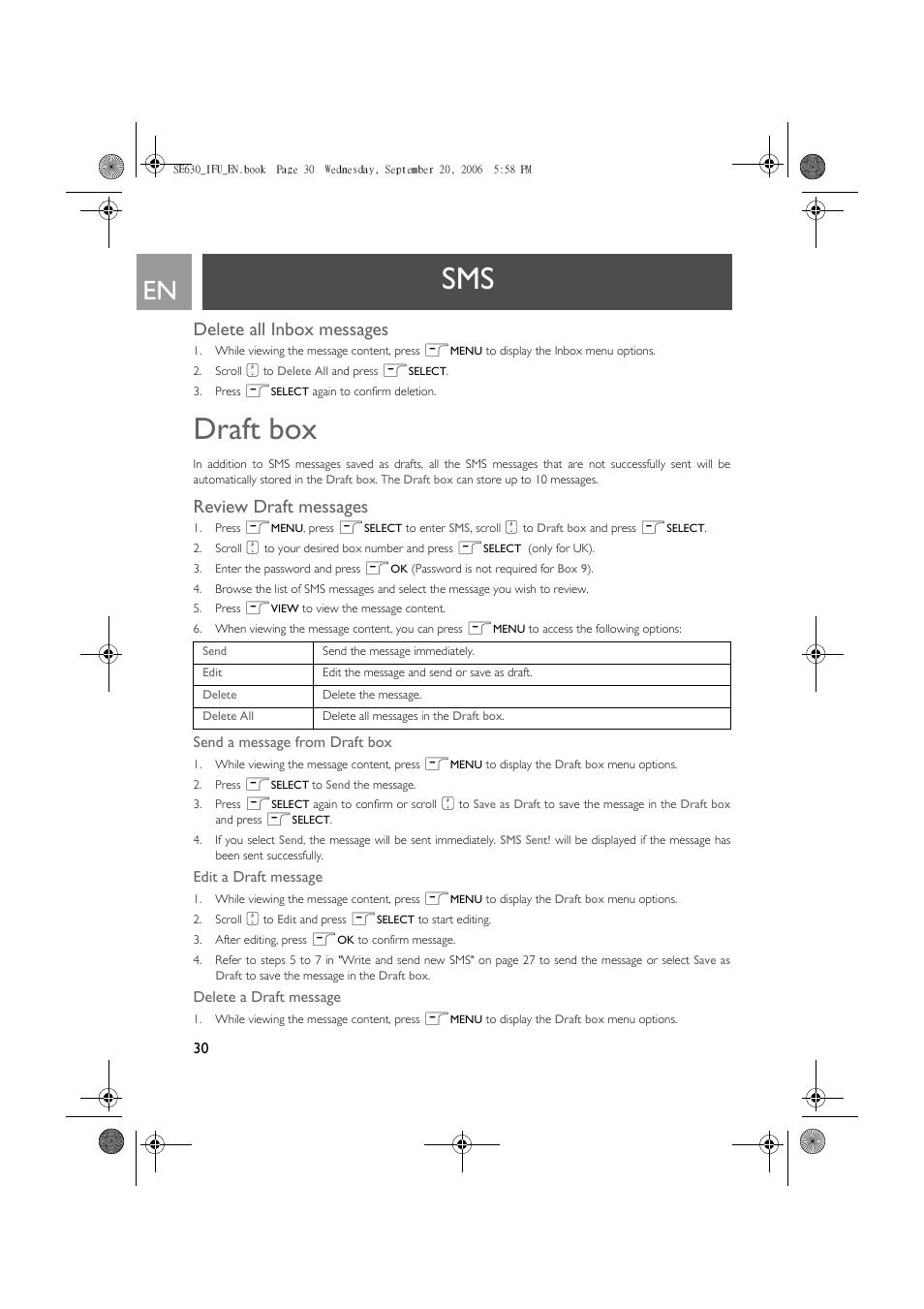 Delete all inbox messages, Draft box, Review draft messages | Philips SE630 User Manual | Page 30 / 55