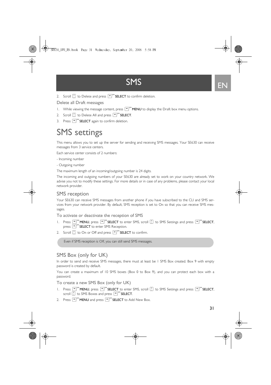 Sms settings, Sms reception, Sms box (only for uk) | Philips SE630 User Manual | Page 31 / 55