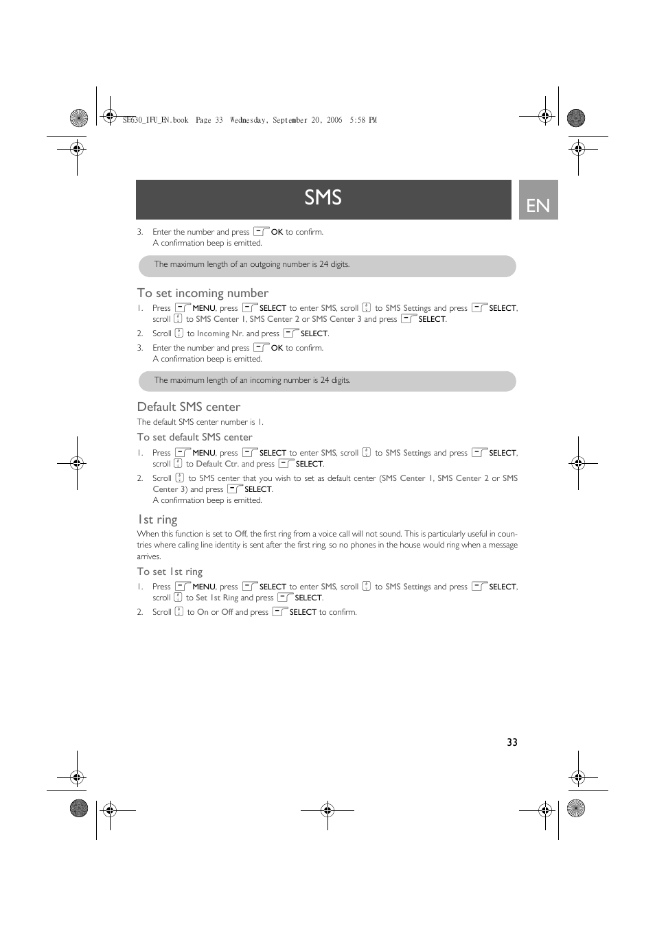 To set incoming number, Default sms center, 1st ring | Philips SE630 User Manual | Page 33 / 55