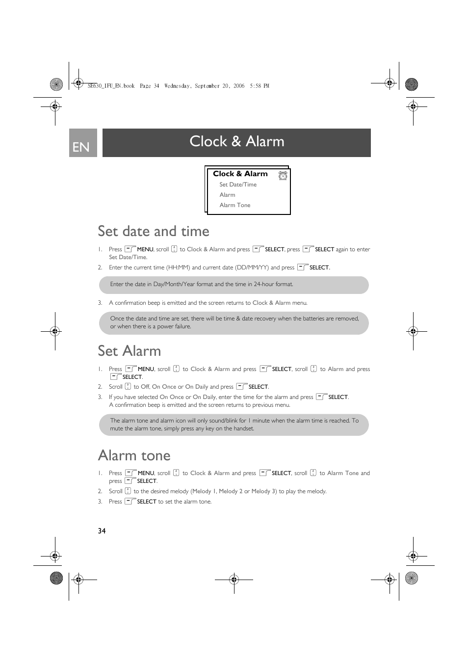 Clock & alarm, Set date and time, Set alarm | Alarm tone, Clock & alarm set date and time | Philips SE630 User Manual | Page 34 / 55