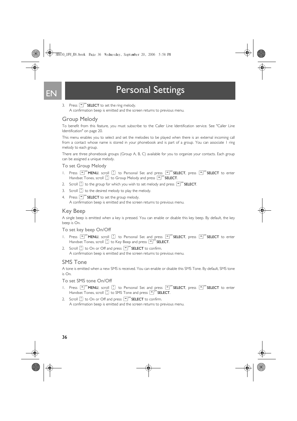 Group melody, Key beep, Sms tone | Personal settings | Philips SE630 User Manual | Page 36 / 55