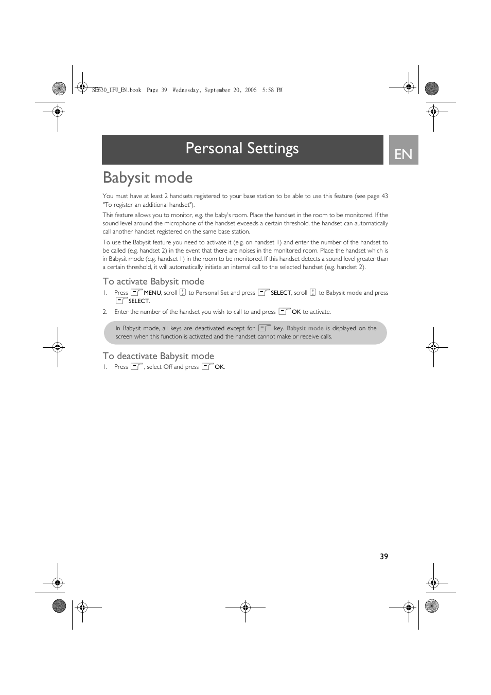 Babysit mode, To activate babysit mode, To deactivate babysit mode | Personal settings babysit mode | Philips SE630 User Manual | Page 39 / 55