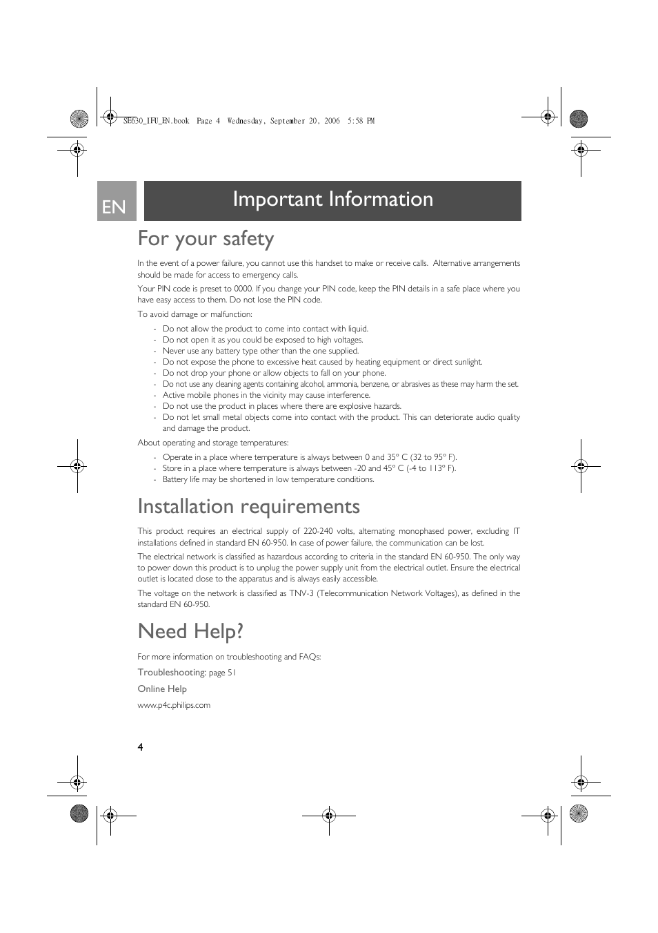 Important information, For your safety, Installation requirements | Need help, Important information for your safety | Philips SE630 User Manual | Page 4 / 55