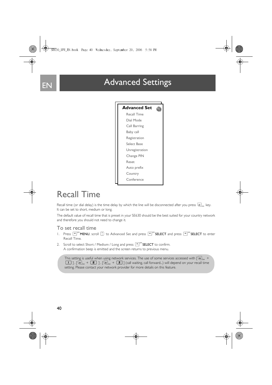 Advanced settings, Recall time, To set recall time | Advanced settings recall time | Philips SE630 User Manual | Page 40 / 55
