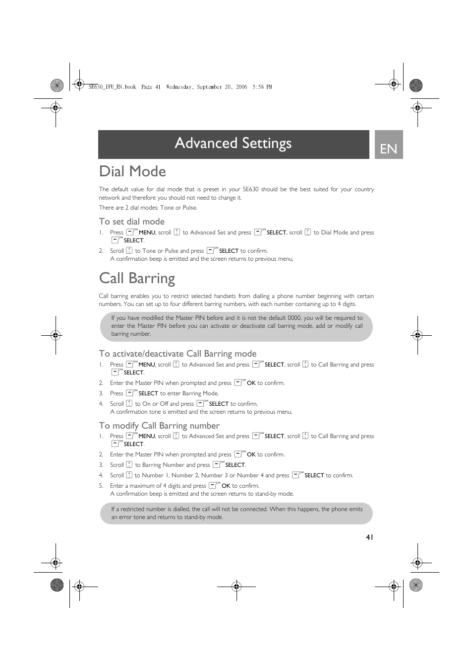 Dial mode, To set dial mode, Call barring | To activate/deactivate call barring mode, To modify call barring number, Advanced settings dial mode | Philips SE630 User Manual | Page 41 / 55