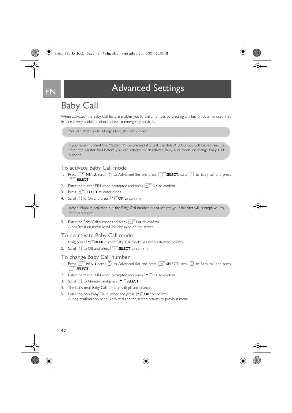 Baby call, To activate baby call mode, To deactivate baby call mode | To change baby call number, Advanced settings baby call | Philips SE630 User Manual | Page 42 / 55