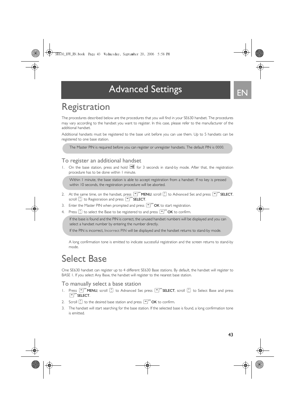 Registration, To register an additional handset, Select base | To manually select a base station, Advanced settings registration | Philips SE630 User Manual | Page 43 / 55