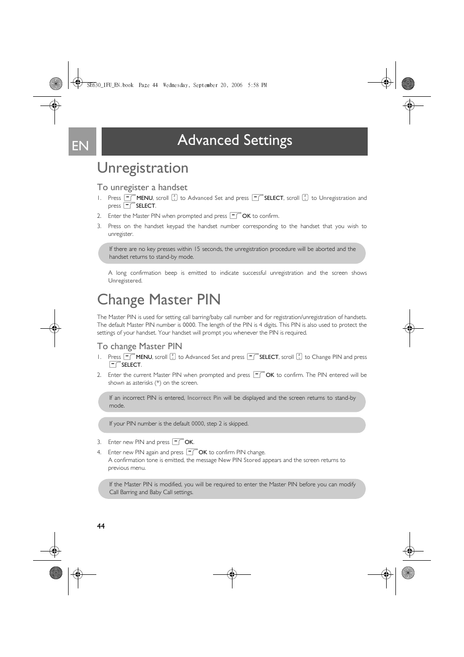 Unregistration, To unregister a handset, Change master pin | To change master pin, Advanced settings unregistration | Philips SE630 User Manual | Page 44 / 55