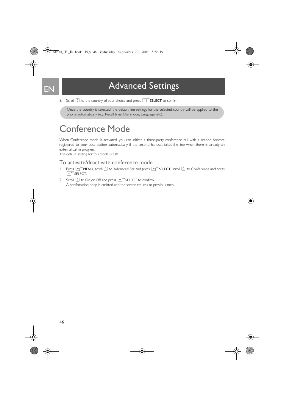 Conference mode, To activate/deactivate conference mode, Advanced settings | Philips SE630 User Manual | Page 46 / 55