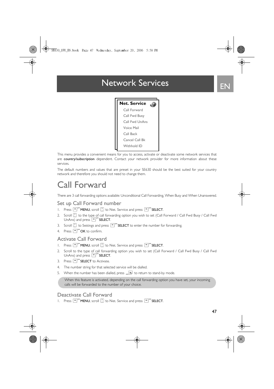 Network services, Call forward, Set up call forward number | Activate call forward, Deactivate call forward | Philips SE630 User Manual | Page 47 / 55