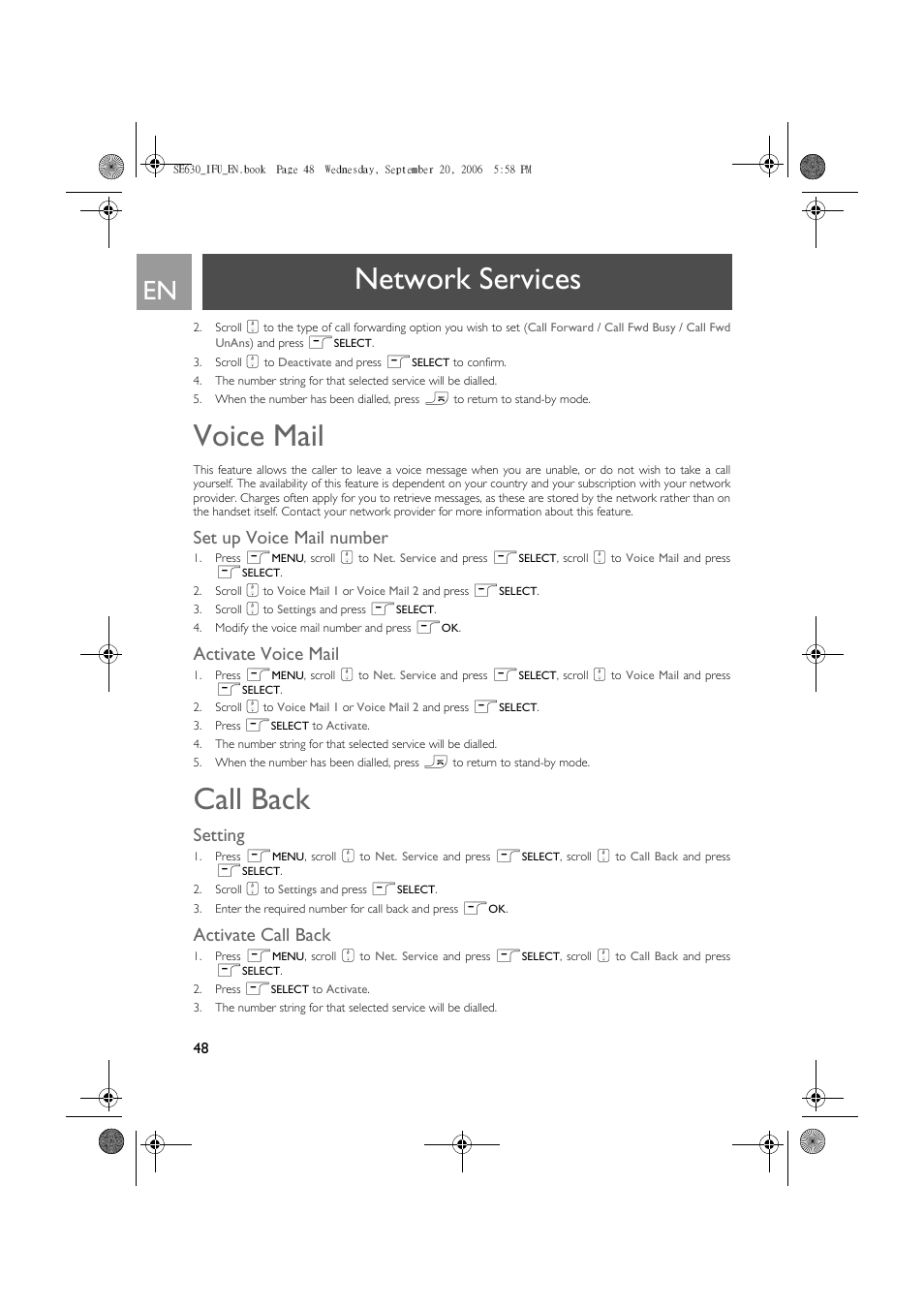 Voice mail, Set up voice mail number, Activate voice mail | Call back, Setting, Activate call back, Network services | Philips SE630 User Manual | Page 48 / 55