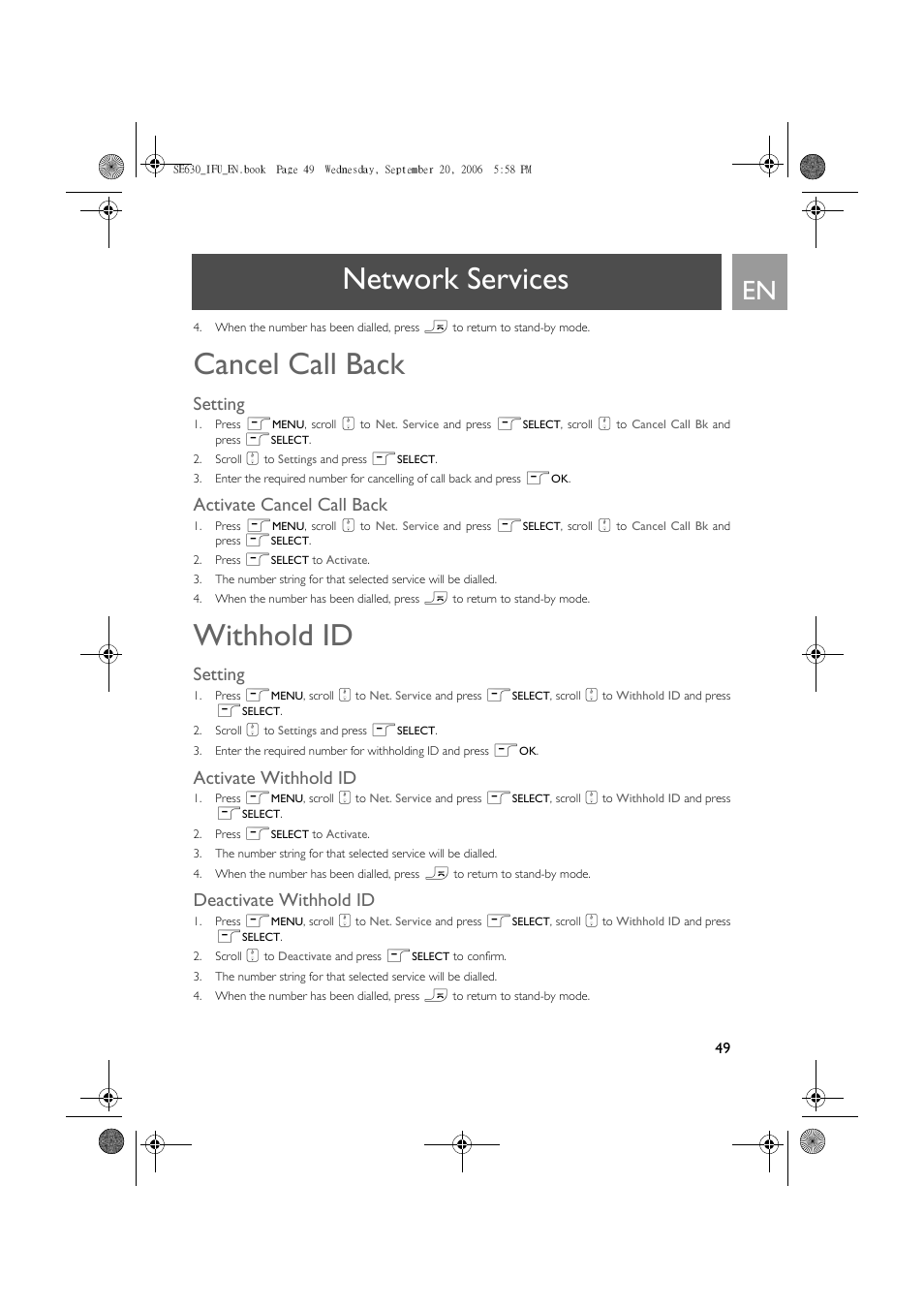 Cancel call back, Setting, Activate cancel call back | Withhold id, Activate withhold id, Deactivate withhold id, Network services | Philips SE630 User Manual | Page 49 / 55