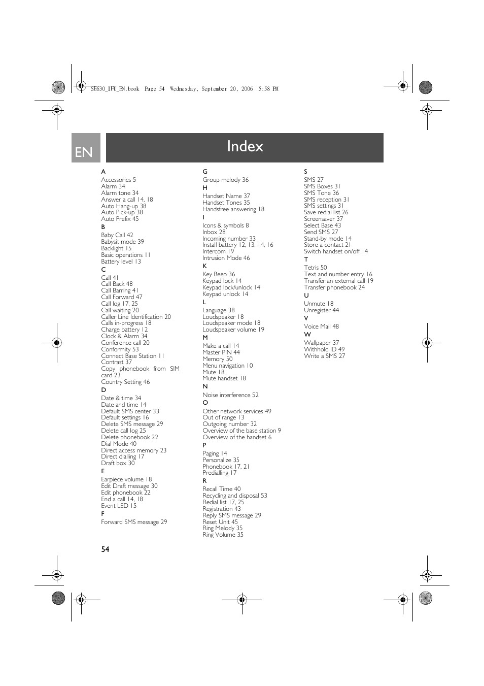 Index | Philips SE630 User Manual | Page 54 / 55