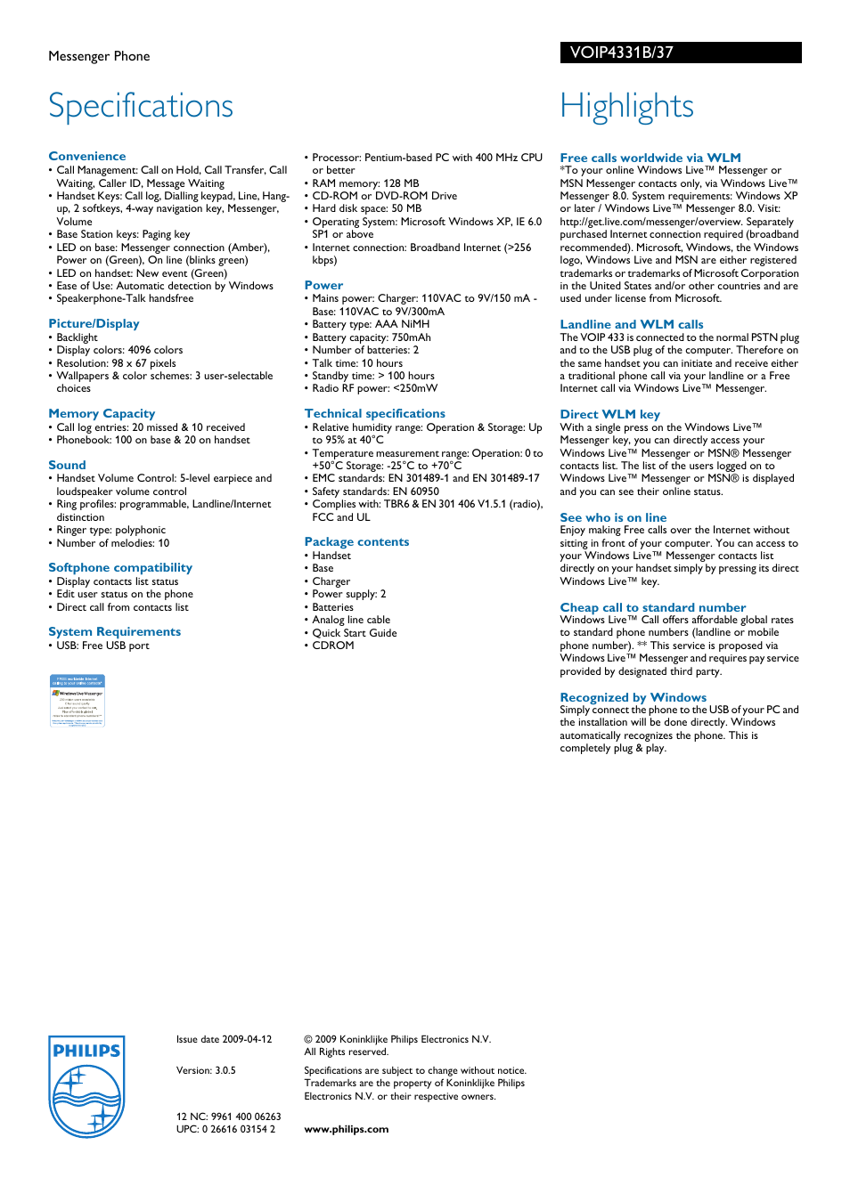 Specifications, Highlights | Philips VOIP433IB User Manual | Page 2 / 2