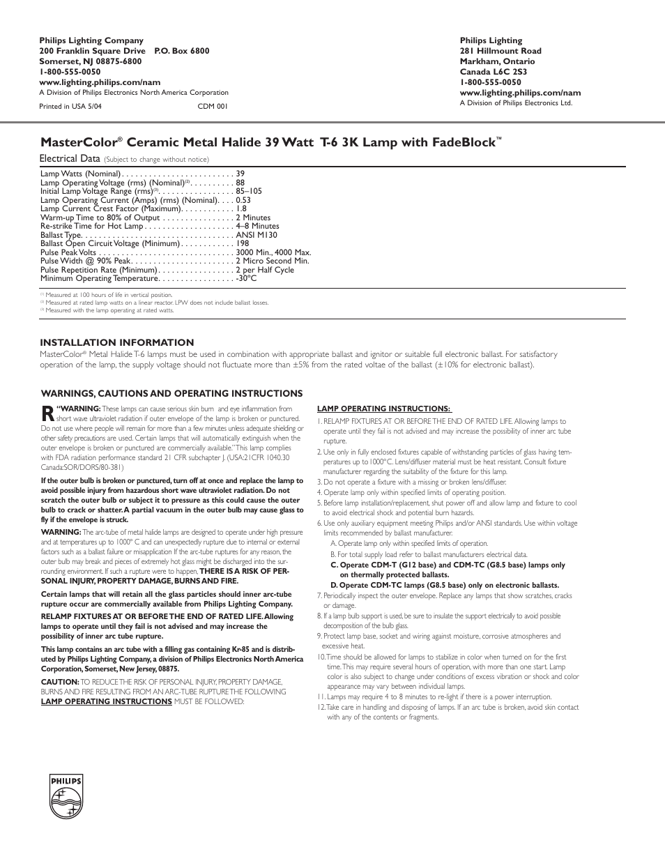 Mastercolor, Electrical data | Philips 223289 User Manual | Page 2 / 2